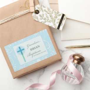 Pegatina Rectangular Bautismo de nieto con encaje azul personalizado