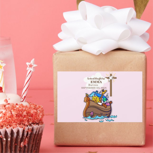 Pegatina Rectangular Bautismo: Personalización de la nieta arca de Noé (Fiesta)