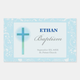 Pegatina Rectangular Bautizo de Niño con Encaje Azul