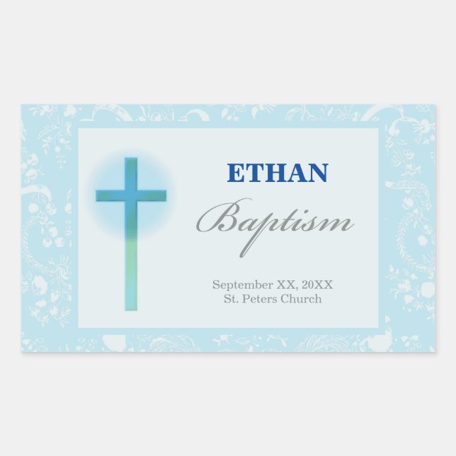 Pegatina Rectangular Bautizo de Niño con Encaje Azul (Anverso)