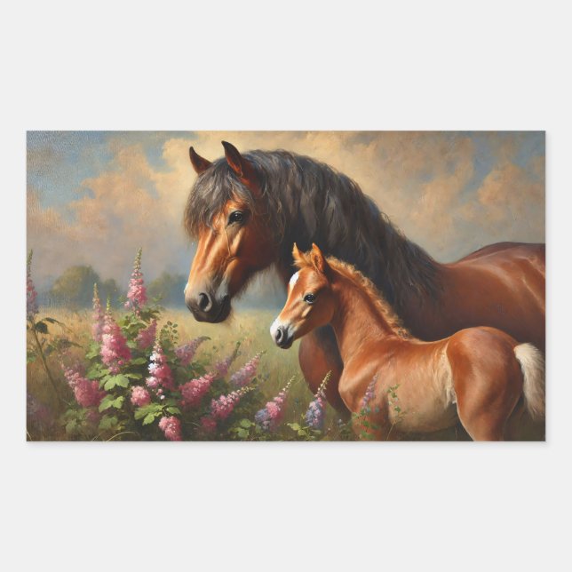 Pegatina Rectangular Bay Mare con pintura de Foal Wildflowers (Anverso)