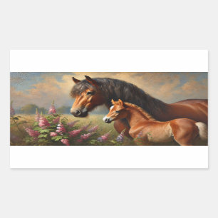 Pegatina Rectangular Bay Mare con pintura de Foal Wildflowers