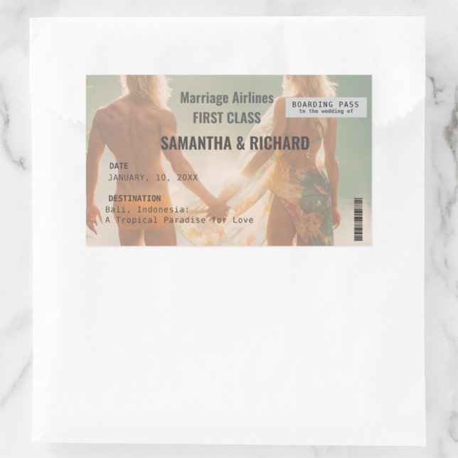 Pegatina Rectangular Beach Wedding Boarding Pass Romantic  (Bolso)