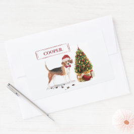 Pegatina Rectangular Beagle graciosos Navidades perro con árbol