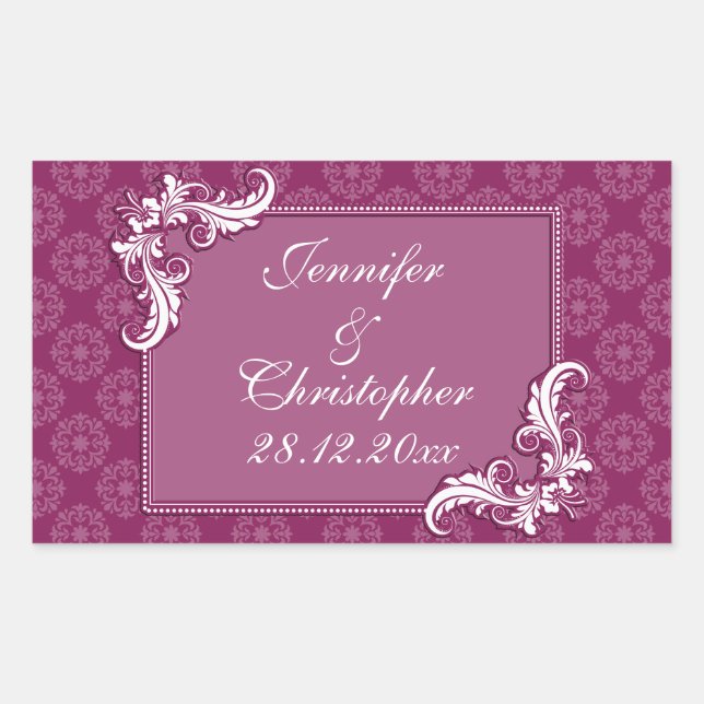 Pegatina Rectangular Beaujolais Damask y Boda de marcos florales (Anverso)