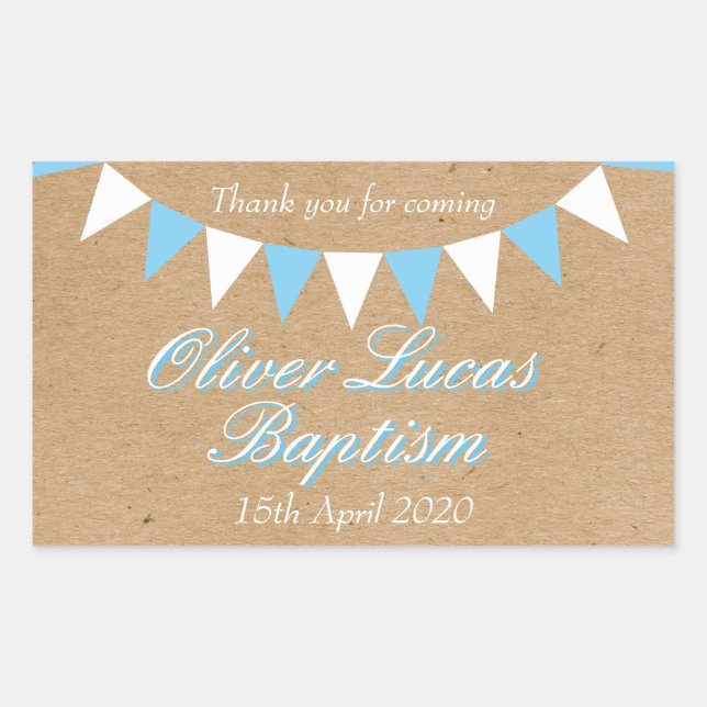 Pegatina Rectangular Bebé Bunting Blue Baptism Christening Favor (Anverso)