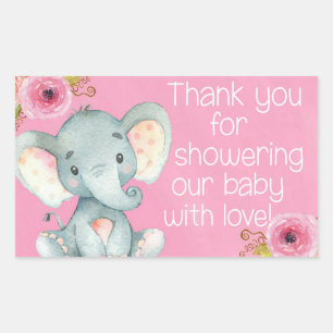 Pegatina Rectangular Bebé Rosa Niña Elefante Ducha Gracias Pegatinas