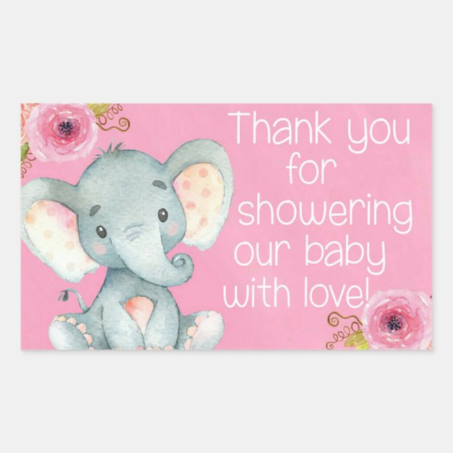 Pegatina Rectangular Bebé Rosa Niña Elefante Ducha Gracias Pegatinas (Anverso)