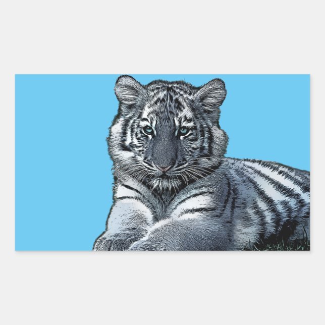 Pegatina Rectangular bebé tigre blanco cachorro jungla safari arte anim (Anverso)