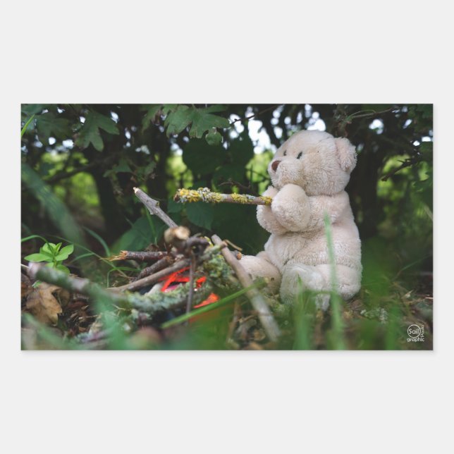 Pegatina Rectangular Beertje dat bij kampvuur zit. (Anverso)