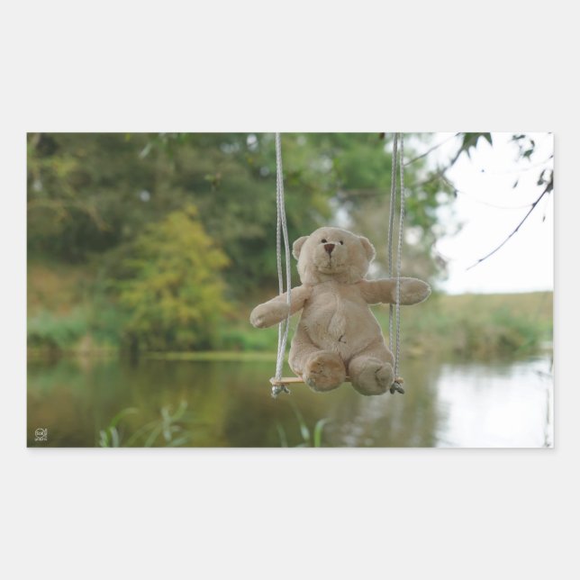 Pegatina Rectangular Beertje op schommel aan boom (Anverso)