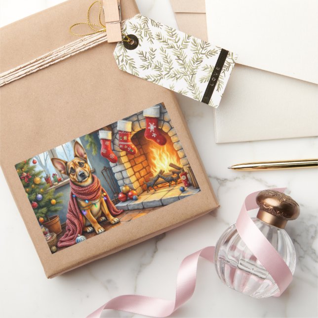 Pegatina Rectangular Belgian Malinois Fireplace with Christmas Lights (Regalar)