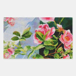 Pegatina Rectangular Bellísimas rosas rosadas rojas blancas acuarela fl