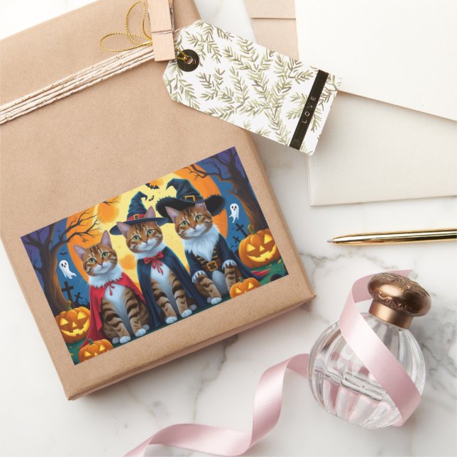 Pegatina Rectangular Bengala de los gatos calabaza Halloween Funny (Regalar)