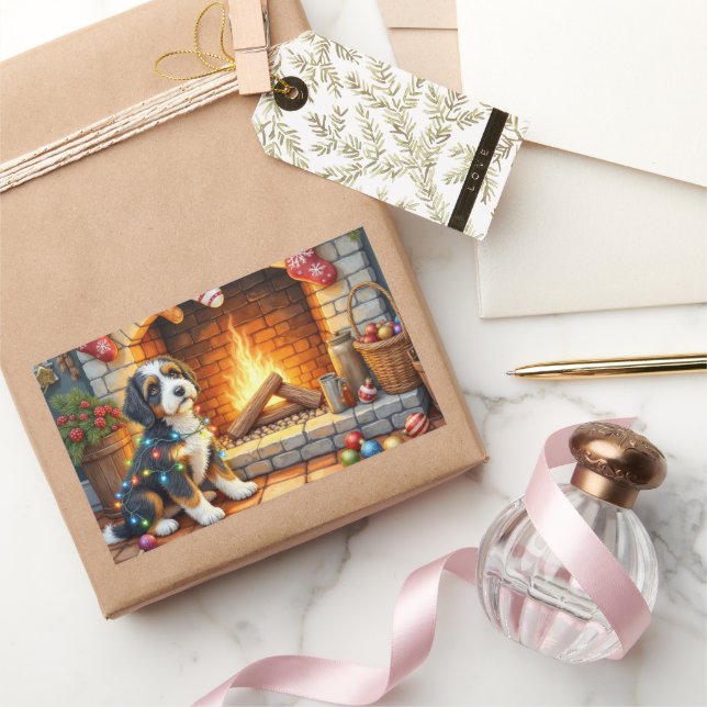 Pegatina Rectangular Bernedoodle Chimenea con Luces de Navidad (Regalar)