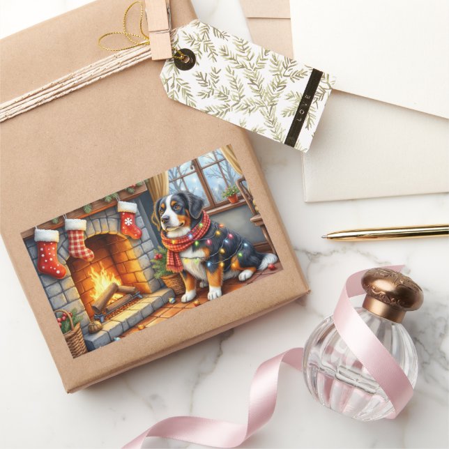 Pegatina Rectangular Bernese Mountain Fireplace with Christmas Lights (Regalar)