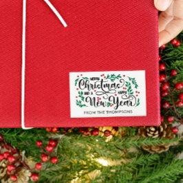 Pegatina Rectangular Berries, Feliz Navidad, Feliz Año Nuevo