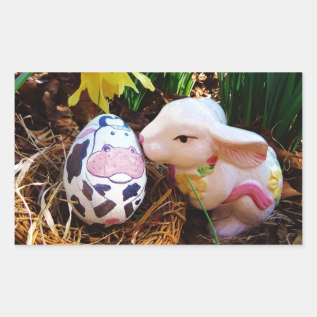 Pegatina Rectangular Besado conejo de Pascua Huevo de vaca (Anverso)