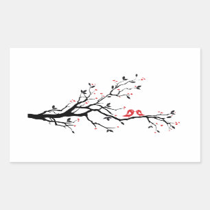 Pegatina Rectangular Besar el pájaro en rama de árbol con el corazón