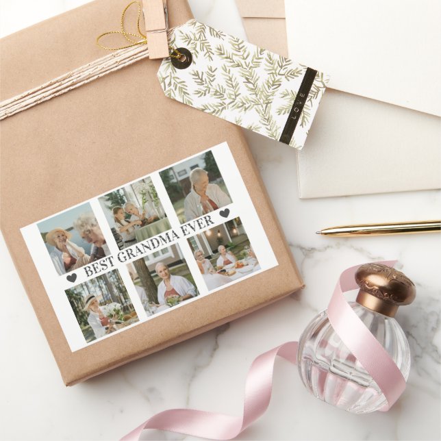 Pegatina Rectangular Best Grandma Ever Photo Collage – Gift with Hearts (Regalar)