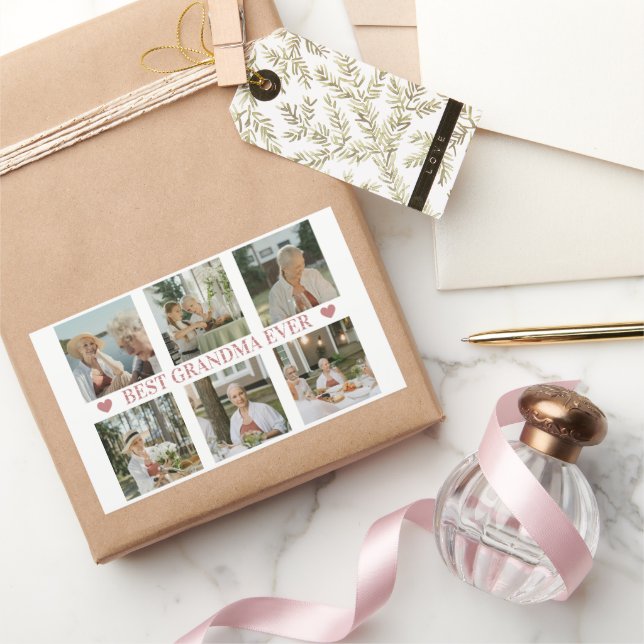 Pegatina Rectangular Best Grandma Ever Photo Collage – Gift with Hearts (Regalar)