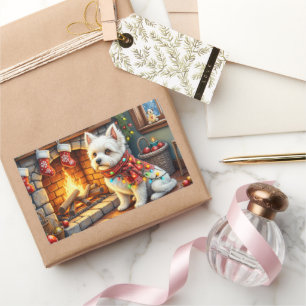 Pegatina Rectangular Bichon Frise Chimenea con Luces de Navidad