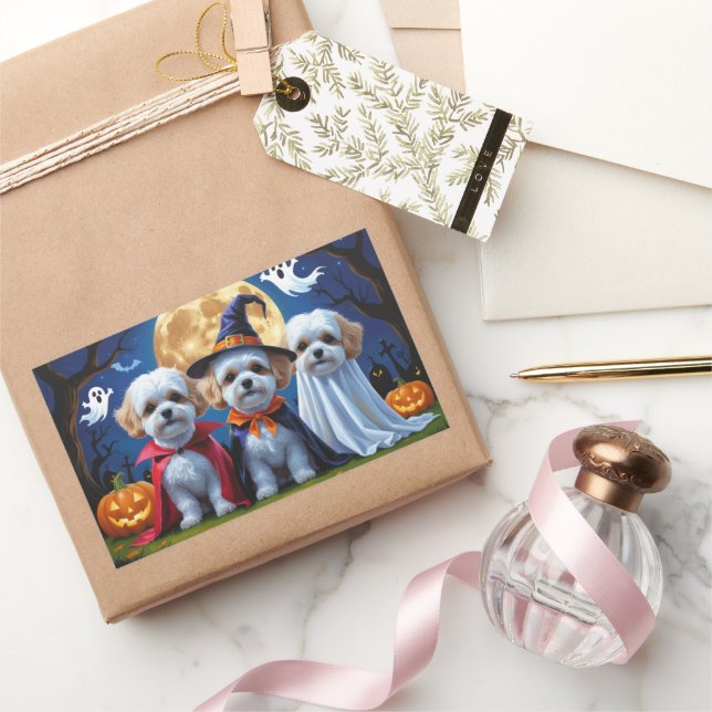 Pegatina Rectangular Bichon Frise Dogs Pumpkin Halloween Funny (Regalar)