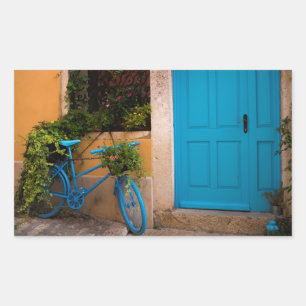 Pegatina Rectangular Bicicleta azul y puerta en verano