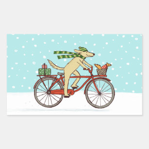 Pegatina Rectangular Bicicleta de perros con ardilla navideña
