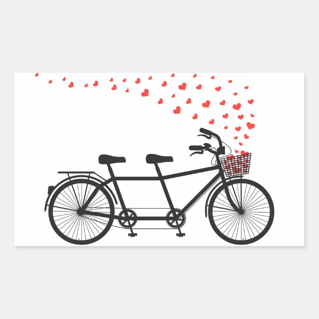 Pegatina Rectangular bicicleta tándem con corazones rojos (Anverso)