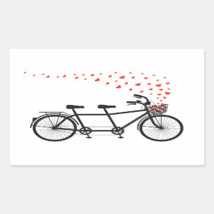 Pegatina Rectangular bicicleta tándem con corazones rojos