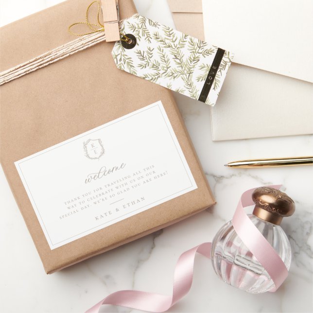 Pegatina Rectangular Bienvenida al Boda de Monograma Escudo Botánico (Regalar)