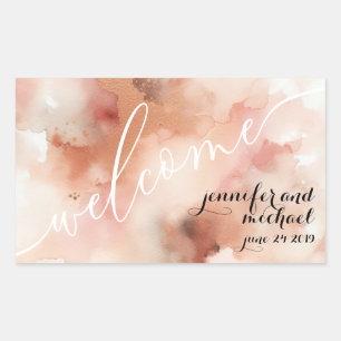 Pegatina Rectangular Bienvenida de boda acuarela tono tierra RoseGold