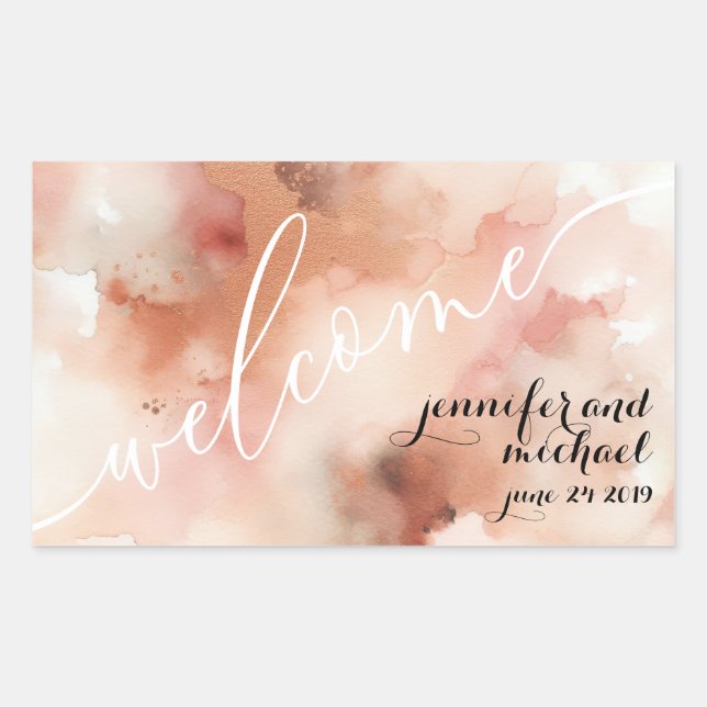 Pegatina Rectangular Bienvenida de boda acuarela tono tierra RoseGold (Anverso)
