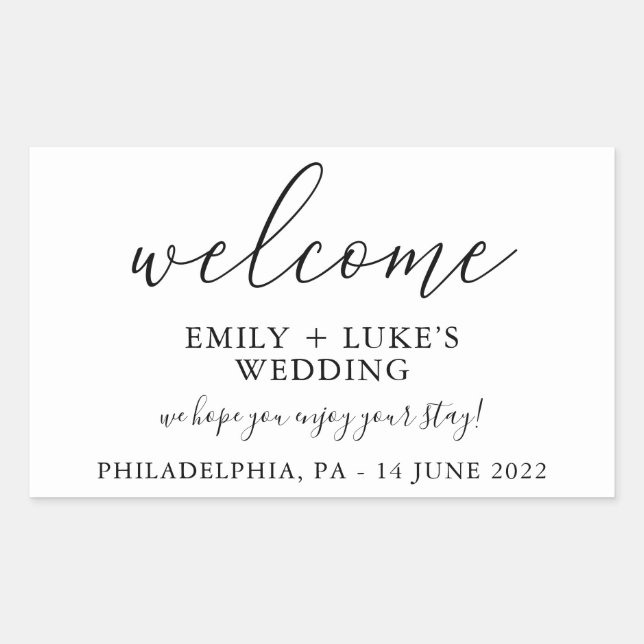 Pegatina Rectangular Bienvenida de la boda blanca personalizada (Anverso)