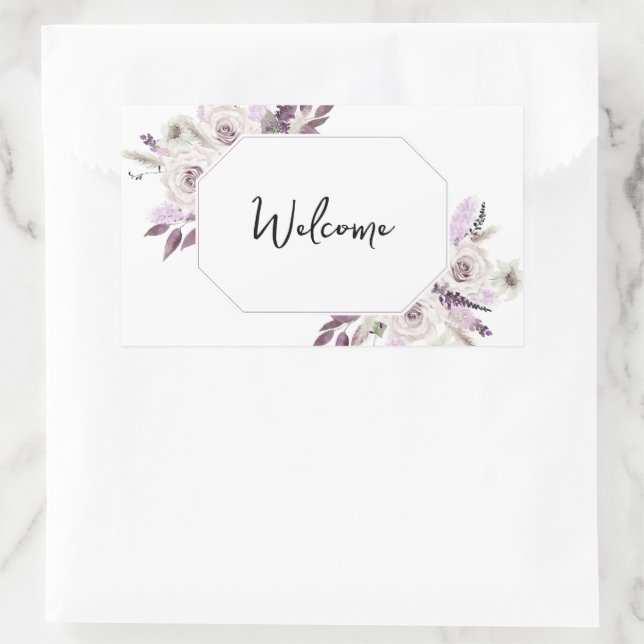 Pegatina Rectangular Bienvenido Floral Lila Púrpura (Bolso)
