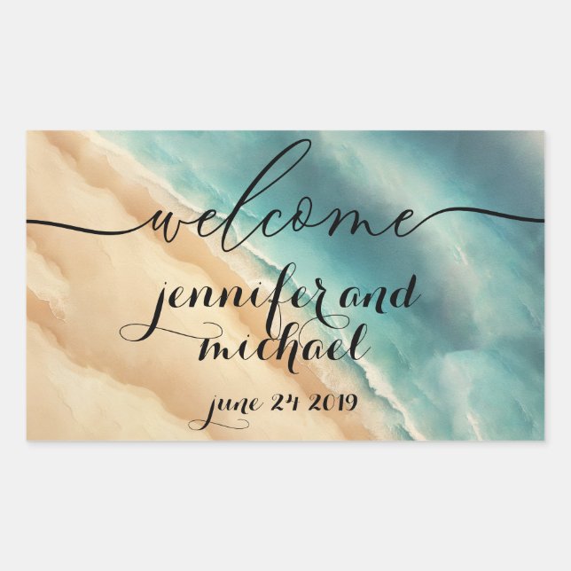 Pegatina Rectangular Bienvenido Ocean Beach Blue Watercolor (Anverso)