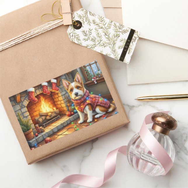Pegatina Rectangular Biewer Terrier Chimenea con Luces de Navidad (Regalar)