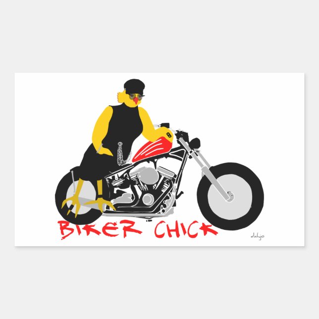 Pegatina Rectangular BIKER CHICK sentado en su motocicleta (Anverso)