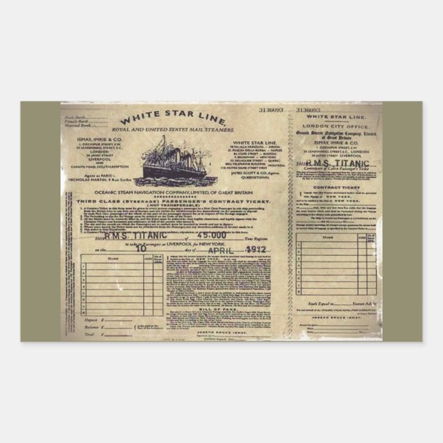 Pegatina Rectangular Billete para RMS Titanic 1912 (Anverso)