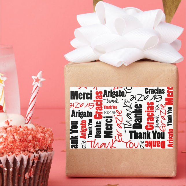 Pegatina Rectangular Black and Red Gracias Word Cloud (Fiesta)