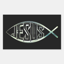 Pegatina Rectangular Black and Silver Ichthys Christian Fish Jesucristo