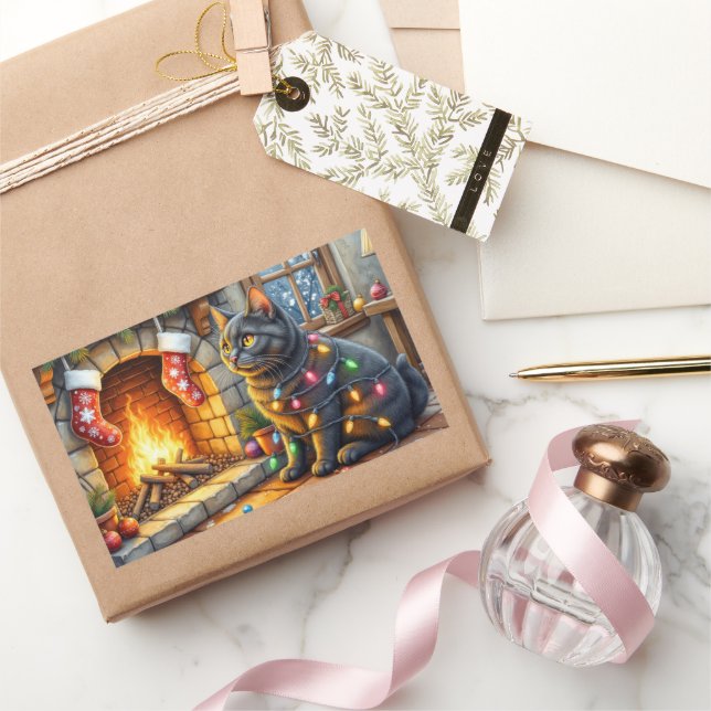 Pegatina Rectangular Black Cat Sitting Fireplace with Christmas Lights (Regalar)