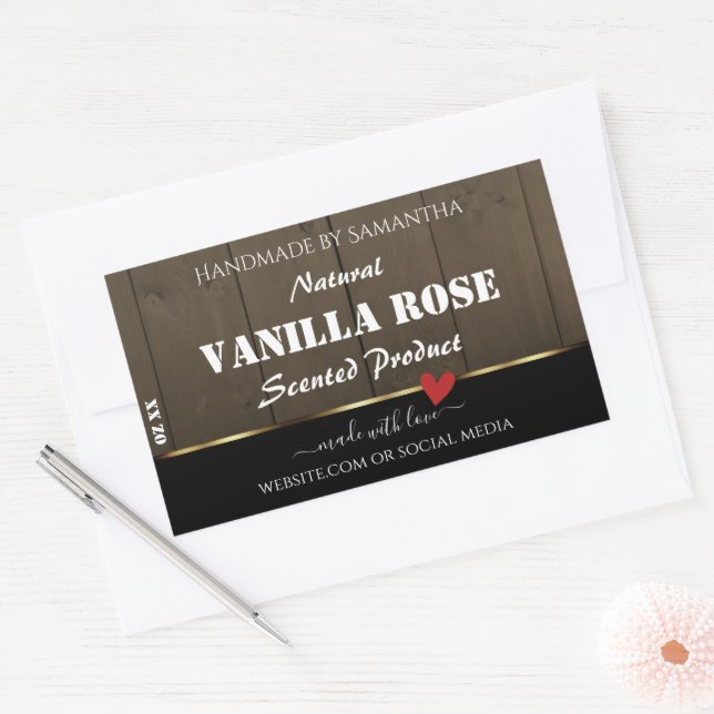 Pegatina Rectangular Black Dark Brown Wood Grain Product Labels Heart (Sobre)