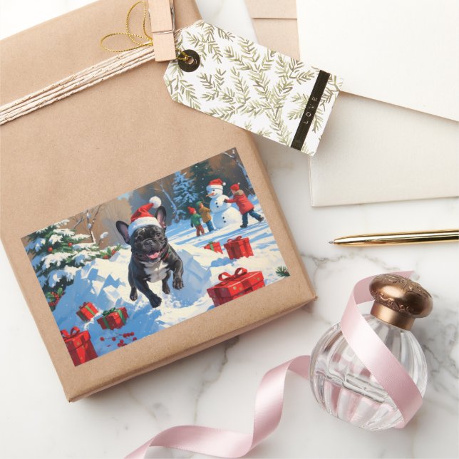 Pegatina Rectangular Black French Bulldog Navidad Escena Festiva de Nie (Regalar)