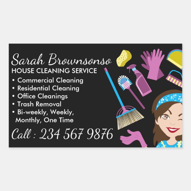 Pegatina Rectangular Black Maid Janitorial Lady Washing (Anverso)
