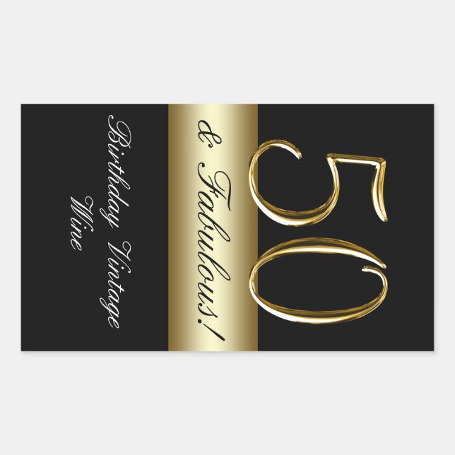 Pegatina Rectangular Black Metallic Gold 50th Birthday Wine Label (Anverso)