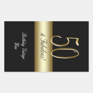 Pegatina Rectangular Black Metallic Gold 50th Birthday Wine Label