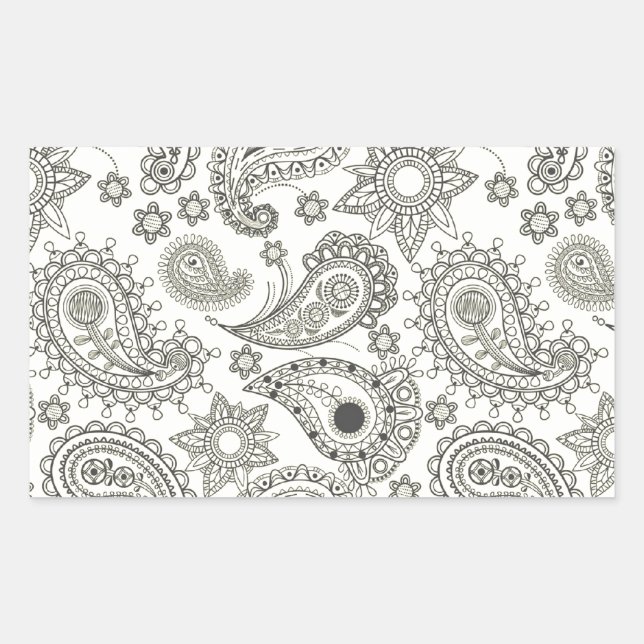 Pegatina Rectangular Black Paisley on White (Anverso)