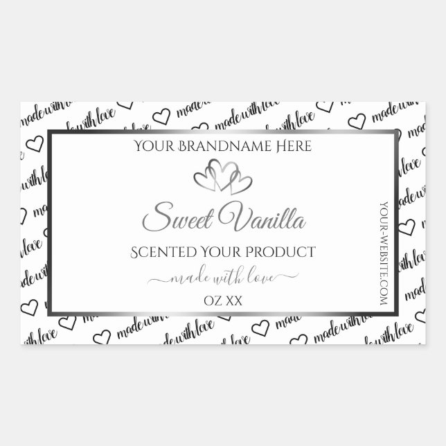 Pegatina Rectangular Black White Word Cloud Product Label Silver Hearts (Anverso)